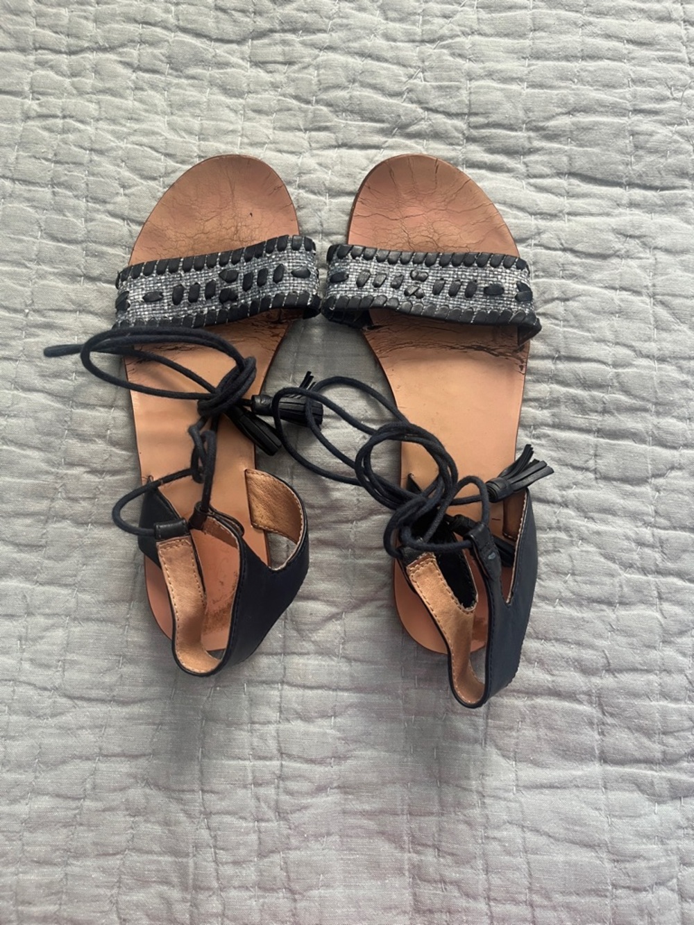 Jack Rogers Black Beaded Lace-Up Sandals with Tan Footbed